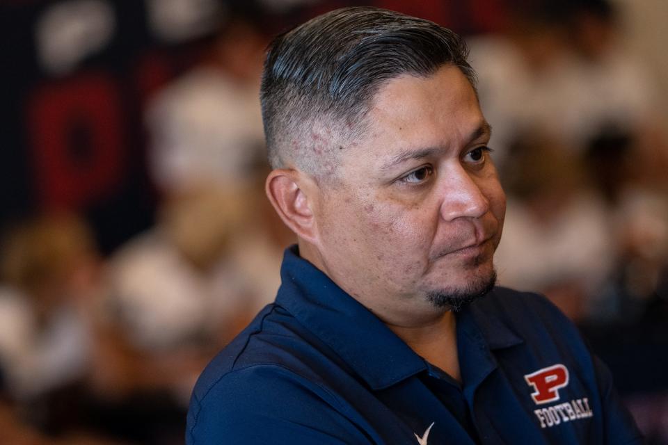 Joseph Ortiz, Perry High School football head coach, attends a media day for football programs in the Chandler Unified School District at the Chandler Center for the Arts in Chandler on July 26, 2023.