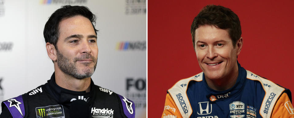 FILE - Jimmy Johnson is at left in a 2019 file photo. Scott Dixon is at right in a 2020 file photo. Jimmie Johnson will transition from NASCAR to IndyCar with Chip Ganassi Racing in a partnership that could pair two of the most dominant drivers of this generation on one team. The seven-time NASCAR champion will work with the Ganassi organization to finalize sponsorship on a two-year program for Johnson to run the road and street course races on IndyCar's schedule. If funding is secured, Johnson would be teammates with five-time IndyCar champion Scott Dixon. (AP Photo/File)