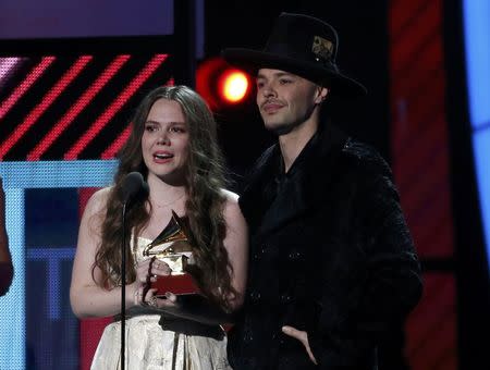 Jesse Y Joy accept the award for best contemporary pop album for "Un Besito Mas" at the 17th Annual Latin Grammy Awards in Las Vegas, Nevada, U.S., November 17, 2016. REUTERS/Mario Anzuoni