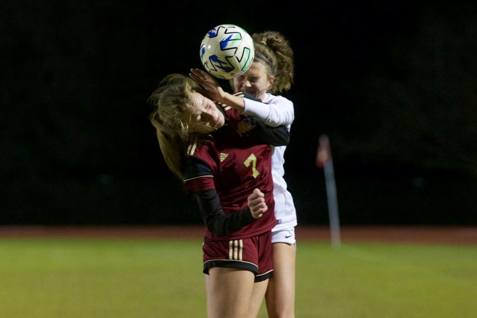 Florida High junior Ava Dubois (7) attempts to head the ball away from a Leon player in a game against Leon on Jan. 18, 2022 at Florida High. The Seminoles and Lions tied, 1-1.