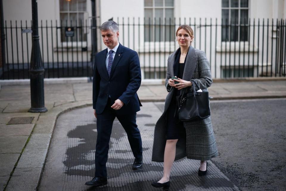 Ukraine’s Ambassador to the United Kingdom Vadym Prystaiko and Ukrainian Member of Parliament Lesia Vasylenko leave Number 10 Downing Street (REUTERS)