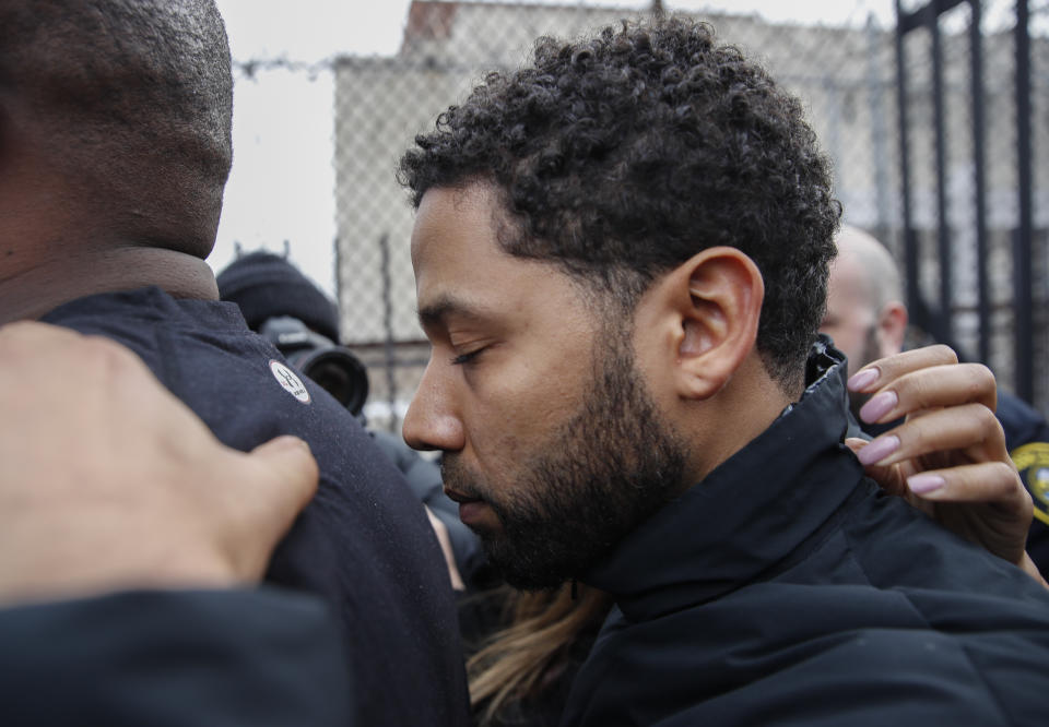 "Empire" actor Jussie Smollett leaves Cook County jail following his release, Thursday, Feb. 21, 2019, in Chicago. Smollett was charged with disorderly conduct and filling a false police report when he said he was attacked in downtown Chicago by two men who hurled racist and anti-gay slurs and looped a rope around his neck, a police said. (AP Photo/Kamil Krzaczynski)