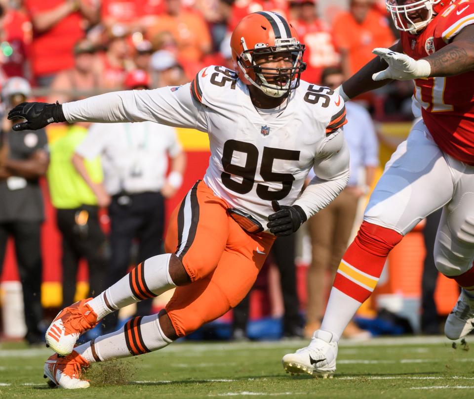 Cleveland Browns defensive end Myles Garrett (95) during the first half of an NFL football game against the Kansas City Chiefs, Sunday, Sept.12, 2021 in Kansas City, Mo. (AP Photo/Reed Hoffmann)