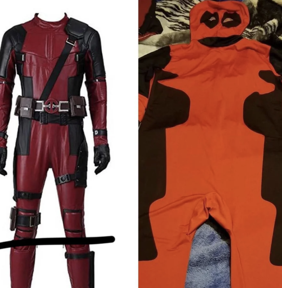 The character's costume as it appeared in the ad, next to the one the person actually received, which looks like a poorly homemade one