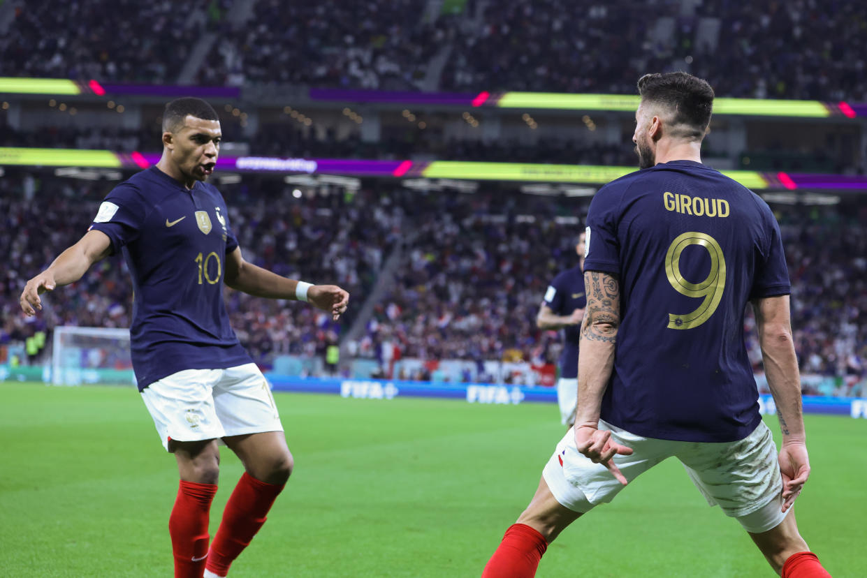 Kylian Mbappe and Olivier Giroud have combined to score nine goals in five games so far in the 2022 World Cup. (Photo by Foto Olimpik/NurPhoto via Getty Images)