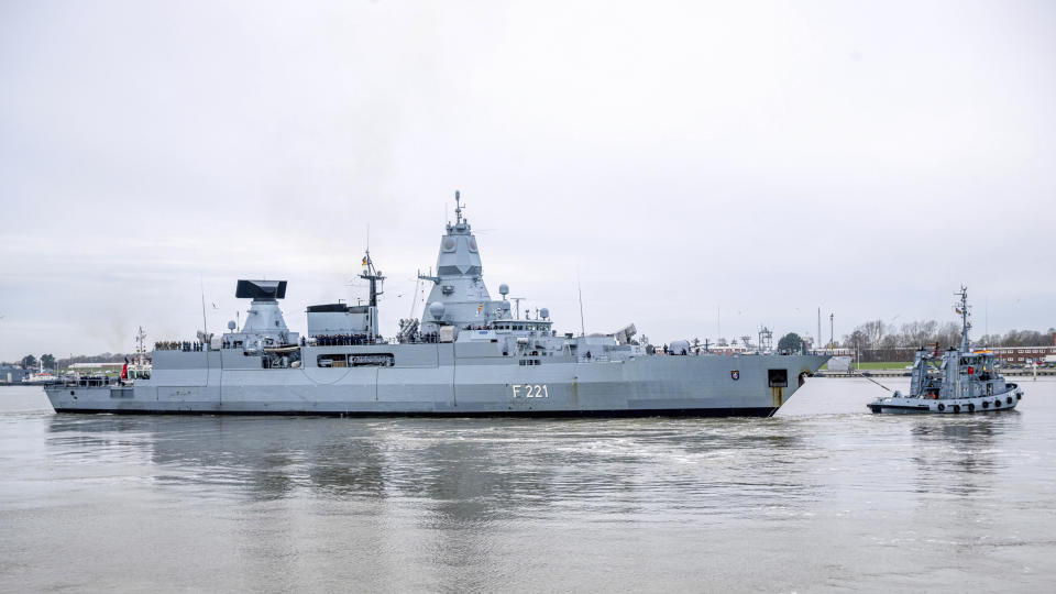 The frigate "Hessen" leaves the port at Wilhelmshaven, Germany, Thursday, Feb. 8, 2024, for the Red Sea. A German Navy frigate set sail on Thursday toward the Red Sea, where Berlin plans to have it take part in a European Union mission to help defend cargo ships against attacks by Houthi rebels in Yemen that are hampering trade. (Sina Schuldt/dpa via AP)