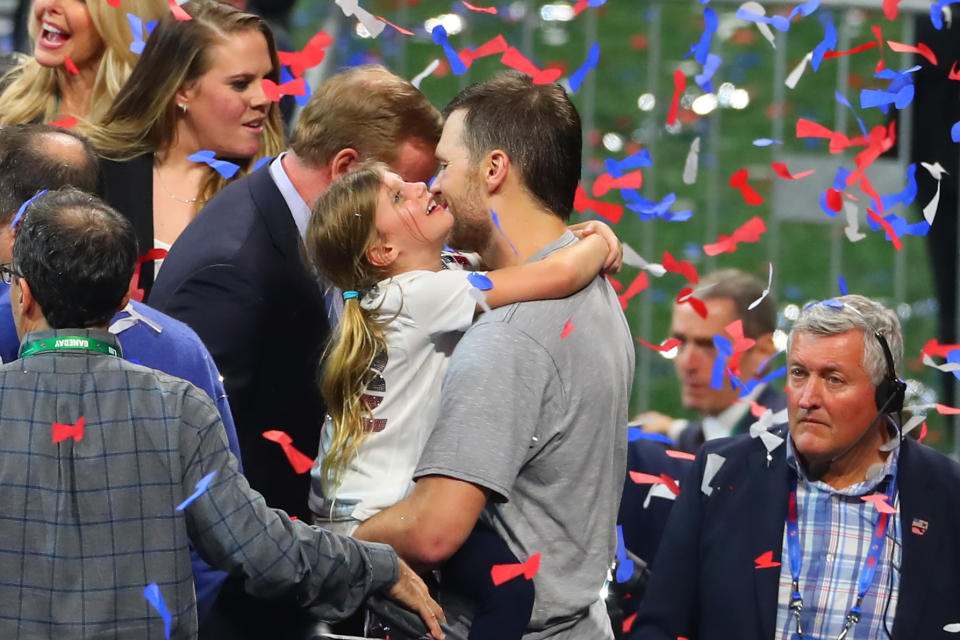 ATLANTA, GA - FEBRUARY 03:  New England Patriots quarterback Tom Brady (12) and his daughter Vivian with the Vince Lombardi Trophy after winning Super Bowl LIII between the Los Angeles Rams and the New England Patriots on February 3, 2019 at Mercedes Benz Stadium in Atlanta, GA.  (Photo by Rich Graessle/Icon Sportswire via Getty Images)