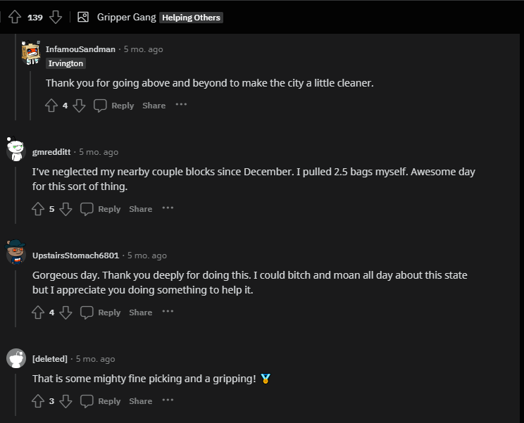 Reddit users comment on the Gripper Gang posts over in the Indianapolis subreddit. The posts are met with gratitude and other users asking how they can get involved.