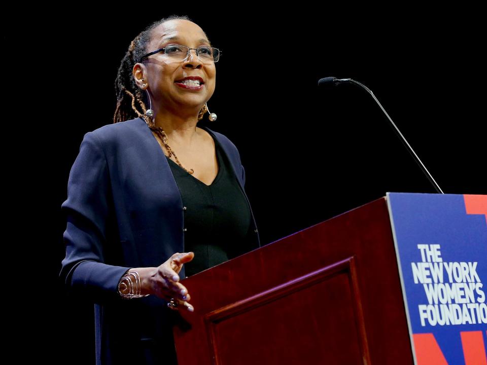 Celebrating Women Award Honoree and co-founder and director of the African American Policy Forum, Kimberle Crenshaw speaks onstage during the New York Women's Foundation's 2018 "Celebrating Women" breakfast on May 10, 2018 in New York City.