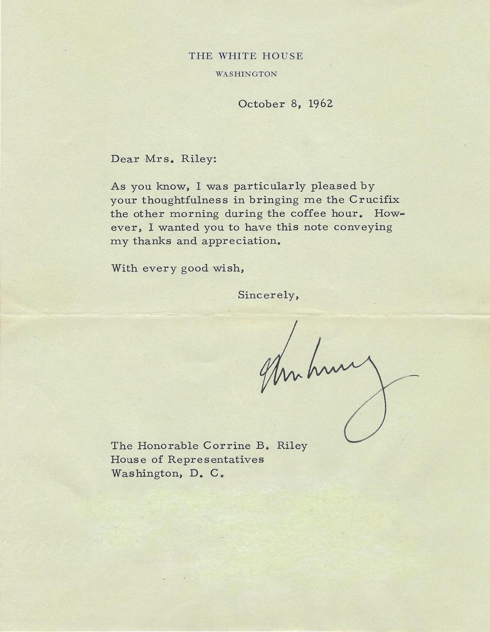 TLS. 1 pg. 6 ¾” x 9”. October 8, 1962. The White House. A typed letter signed “John Kennedy” as President on “The White House” letterhead.