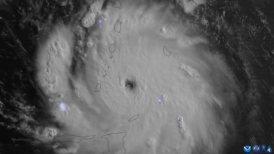 Hurricane Beryl nears the Windward Islands on July 1 as a Category 4 hurricane in this satellite image captured from the NOAA GOES-16 satellite by the Cooperative Institute for Research in the Atmosphere at Colorado State University.