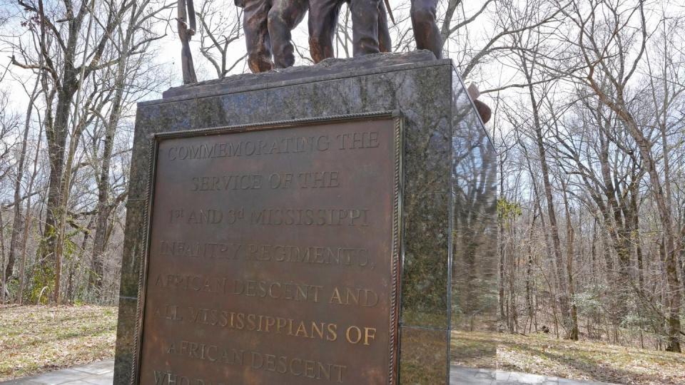 The Mississippi African-American Monument, a 9-foot tall, bronze sculpture that rests on a pedestal of African black granite, and features two Black Union soldiers, and a common field hand, as photographed, Feb. 14, 2024, in the Vicksburg National Military Park, in Vicksburg, Miss. (Rogelio V. Solis/AP)