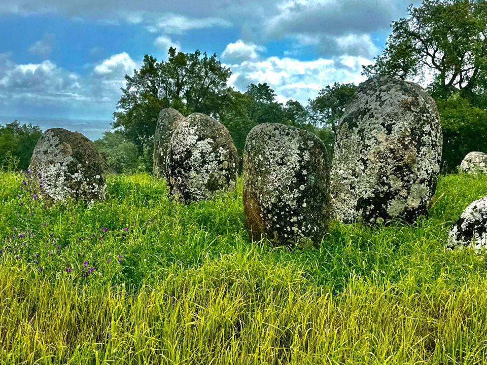 Large stones standing in a grassy field with trees.