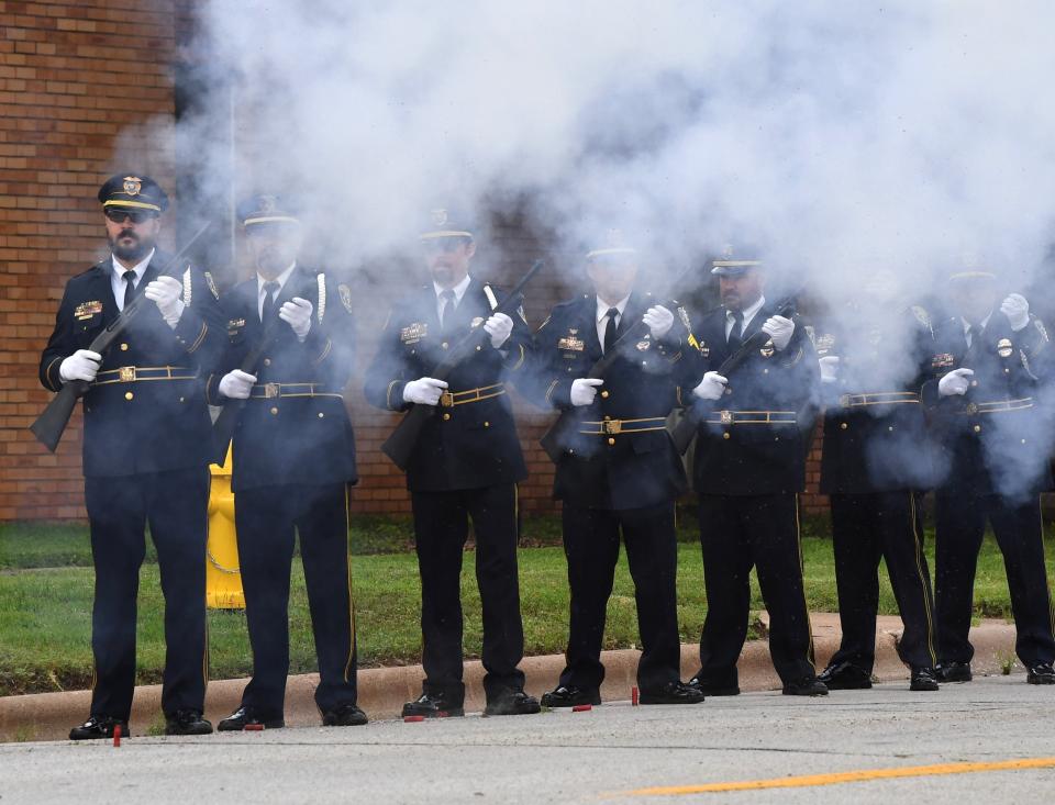 The honor guard salute is performed during the Wichita Falls Police Memorial Service on Monday.