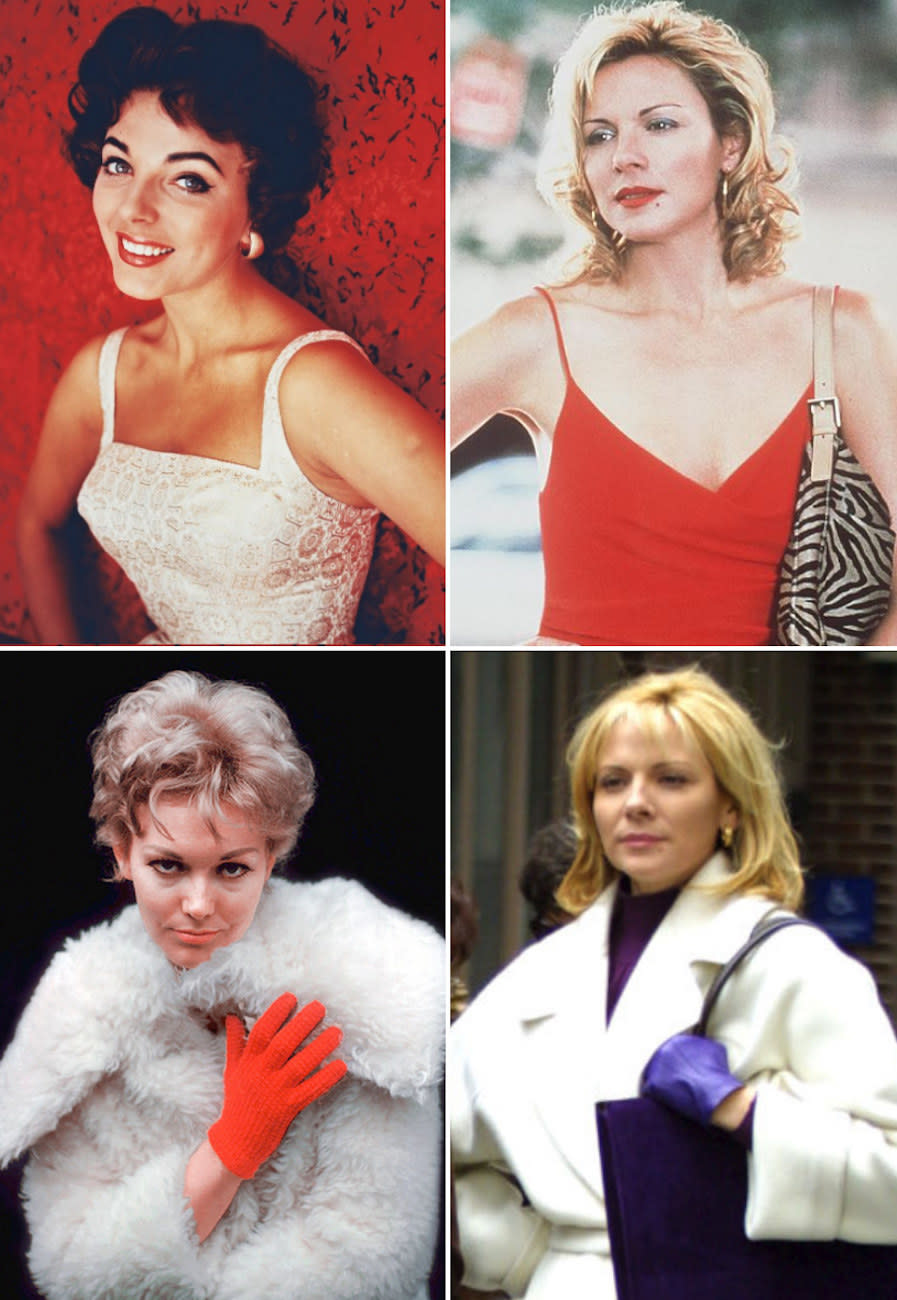 Two shots of Kim Cattrall shooting scenes for "Sex and the City;" in a bold lipstick, gold earrings, and sexy dress like Joan Collins, and a light winter coat with bold gloves like Kim Novak