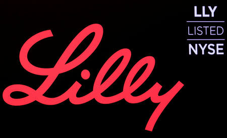 The logo and ticker for Eli Lilly and Co. are displayed on a screen on the floor of the New York Stock Exchange (NYSE) in New York, U.S., May 18, 2018. REUTERS/Brendan McDermid