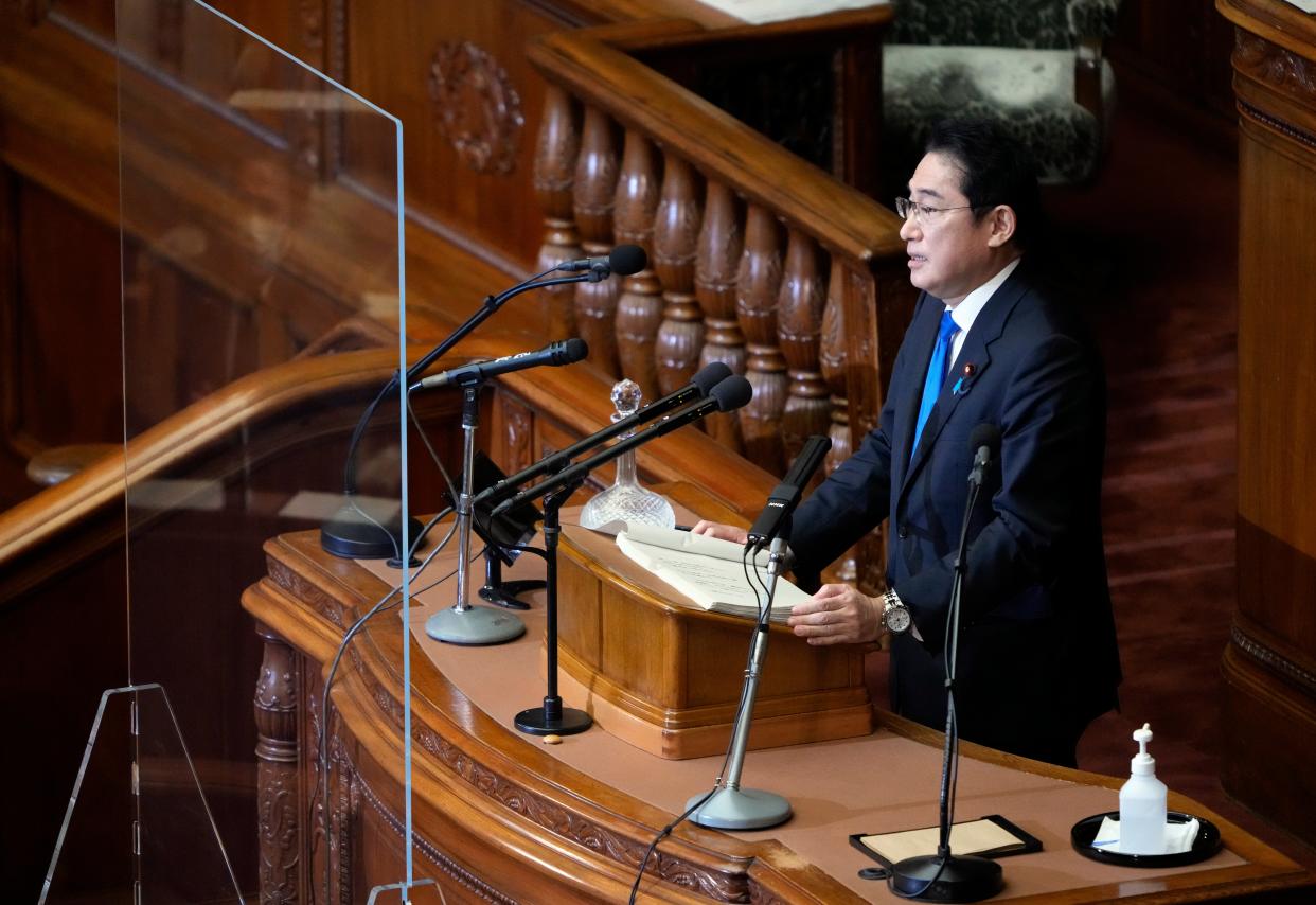 Japan's Prime Minister Fumio Kishida delivers his policy speech at the start of an ordinary session of the Diet, Japan's parliament, at the lower house of parliament, in Tokyo, Japan, 23 January 2023 (EPA)