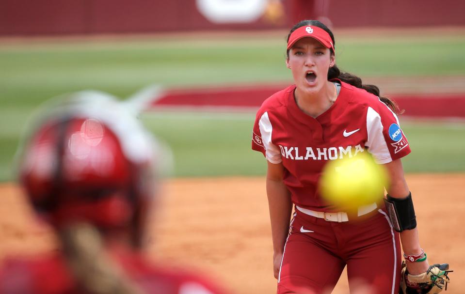 Oklahoma's Nicole May (19) celebrates a strike out in the first inning during the NCAA Norman Super Regional softball game between the University of Oklahoma Sooners and the Clemson Tigers at Marita Hynes Field in Norman, Okla., Saturday, May, 27, 2023.