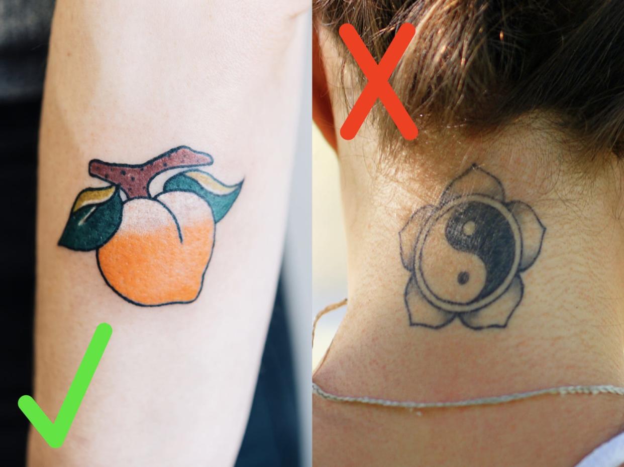 A colored-in peach tattoo with a green checkmark next to it; A pre-drawn ying and yang tattoo on the back of a woman's next with a red X next to it