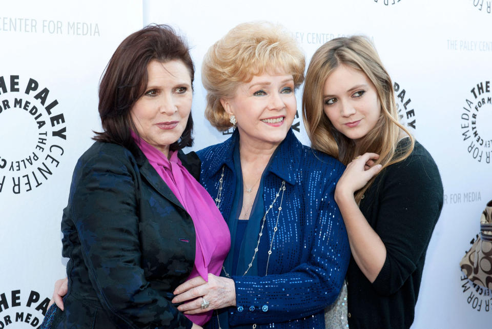 Debbie Reynolds, Carrie Fisher and Fisher's&nbsp;daughter, Billie Lourd, arrive at The Paley Center for Media &amp; TCM Present Debbie Reynolds' Hollywood Memorabilia Exhibit Reception on June 7, 2011, in Beverly Hills.