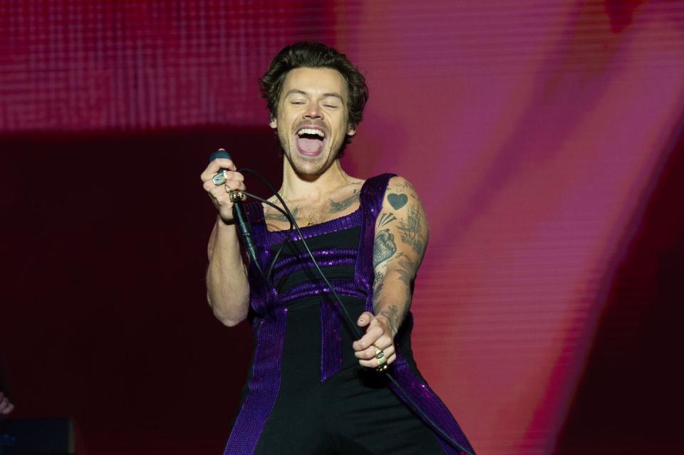 coventry, england   may 29  harry styles performs on the main stage at war memorial park on may 29, 2022 in coventry, england  photo by joseph okpakowireimage