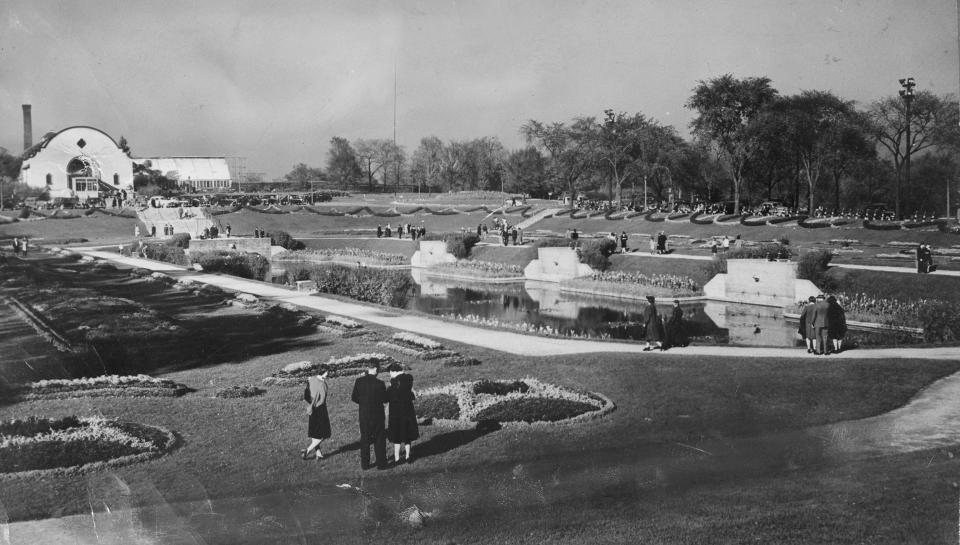 The Mitchell Park Conservatory gardens, as shown in this 1946 photo, included a water feature as well as greenhouses. Built in 1898, the conservatory was badly in need of repair by the mid-1940s, but instead they were left to crumble before being torn down in the 1950s.