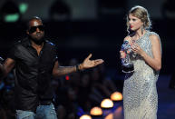 Kanye may never live this one down. The rapper stormed on stage during Taylor's acceptance speech for winning Best Female Video and said the famous words, "I'm sorry, but Beyoncé had one of the best videos of all time!" Kanye was referring to Beyonce's 'Single Ladies' clip.