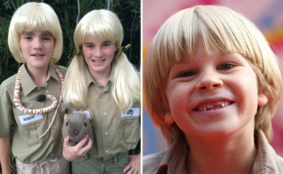 L: Kylie's two children dressed up in wigs to look like Bindi and Robert Irwin. R: A close up shot of a smiling Robert Irwin as a kid, he is missing some teeth and has a bowl haircut