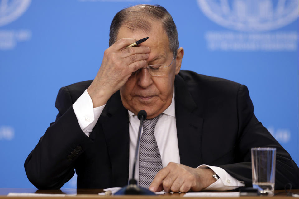 Russian Foreign Minister Sergey Lavrov attends his annual news conference in Moscow, Russia, Friday, Jan. 14, 2022. (Dimitar Dilkoff/Pool Photo via AP)