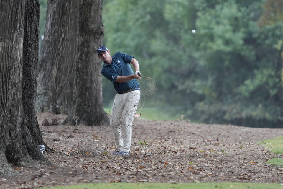 Henrik Norlander, of Sweden, hits back onto the 17th fairway after playing into the tree line during the first round at the Sanderson Farms Championship golf tournament in Jackson, Miss., Thursday, Oct 5, 2023. (AP Photo Rogelio V. Solis)
