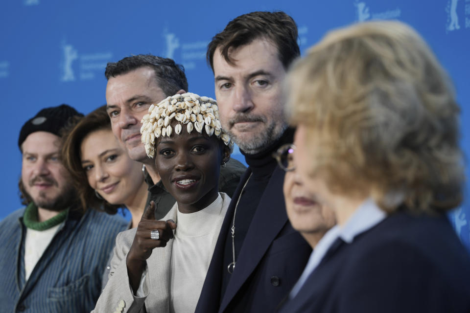 The Film Festival, Berlinale International Jury, from left, Brady Corbet, Jasmine Trinca, Christian Petzold, Lupita Nyong'o, Albert Serra, Ann Hui and Oksana Zabuzhko pose for media during a photo-call at the opening day of International Film Festival, Berlinale, in Berlin, Thursday, Feb. 15, 2024. The 74th edition of the festival will run until Sunday, Feb. 25, 2024 at the German capital. (AP Photo/Markus Schreiber)