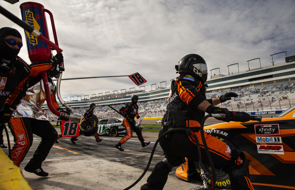 Daniel Hemric pits during a NASCAR Xfinity Series auto race at Las Vegas Motor Speedway, Saturday, March 6, 2021. (Chase Stevens/Las Vegas Review-Journal via AP)