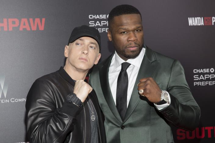 Eminem and Curtis &#39;50 Cent&#39; Jackson attend the premiere of 