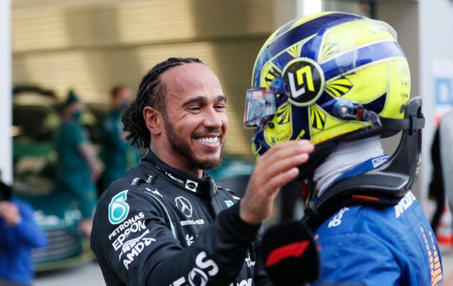 Lewis Hamilton consoles Lando Norris after the race 