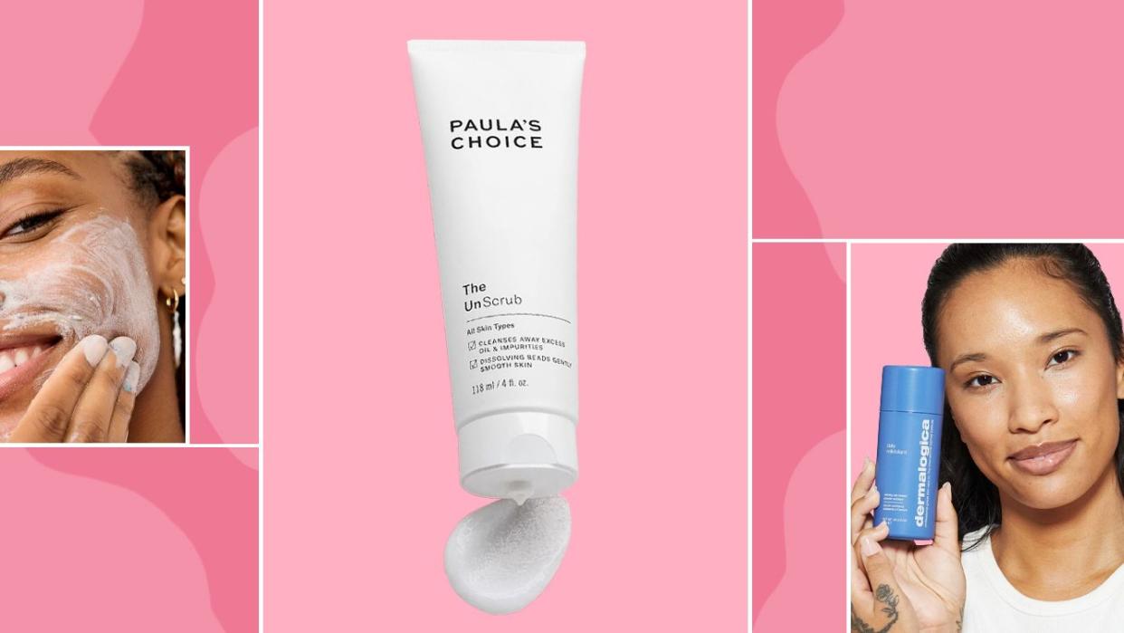 people using face exfoliants, and a tube of paulas choice the unscrub face exfoliant