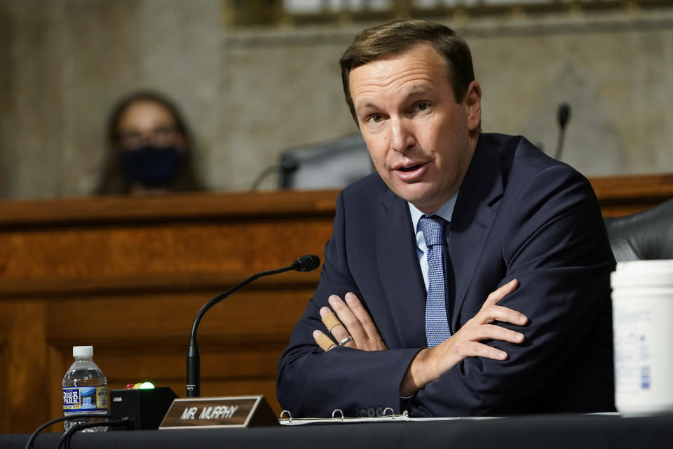 Sen. Chris Murphy, D-Conn., speaks during a Senate Foreign Relations Committee hearing on Capitol Hill in Washington, Thursday, Sept. 24, 2020, on U.S. policy in a changing Middle East. (AP Photo/Susan Walsh, Pool)