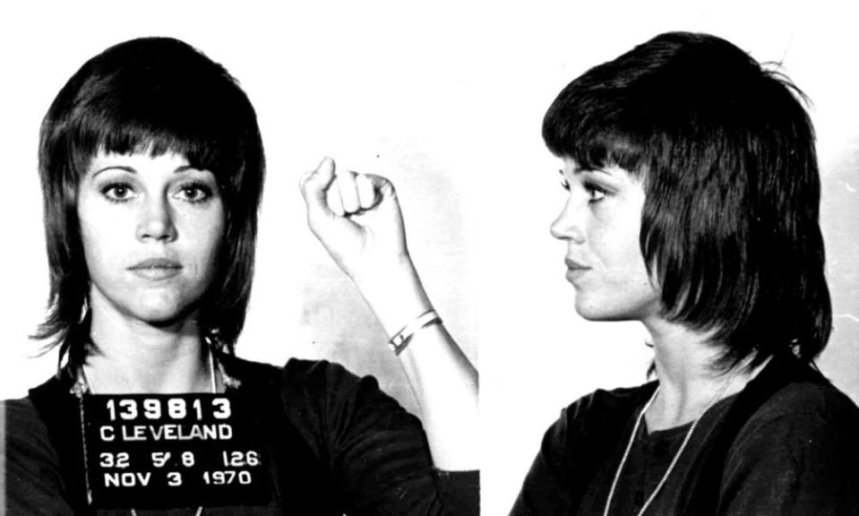 The defiant mugshot from Fonda’s arrest in 1970 when customs officials insisted the vitamins in her suitcase were illegal drugs.