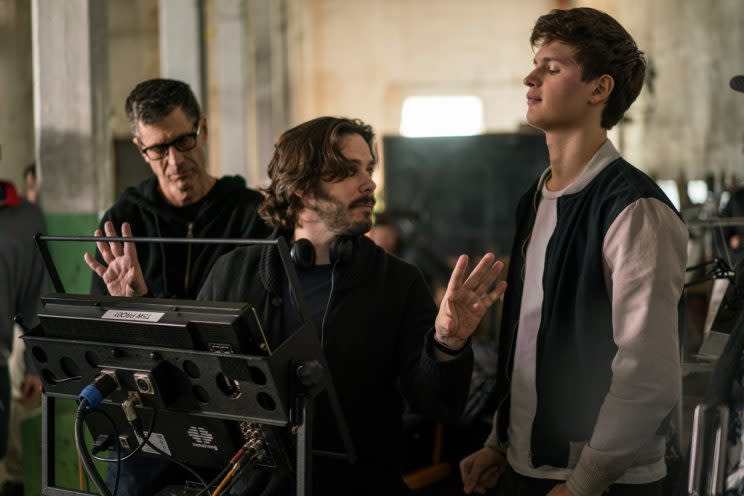 Edgar Wright with director of photography Bill Pope and actor Ansel Elgort on the set of 'Baby Driver' (credit: TriStar)