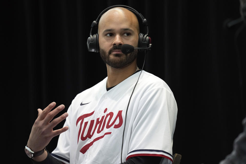 Minnesota Twins starting pitcher Pablo Lopez speaks to fans and media during the baseball team's annual fan fest at Target Field Saturday, Jan. 28, 2023, in Minneapolis. (AP Photo/Abbie Parr)