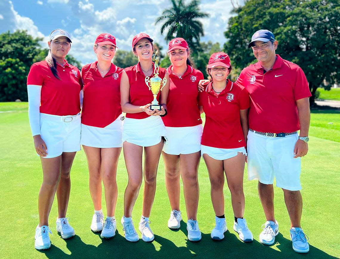 Thursday August 26. 2022 -  This is at the Lady Maverick Invitational hosted by Arch Bishop McCarthy.   The Doral girl’s golf team finished 3rd overall out of 13 teams and was the top team from dade county.   The team was led by senior captain Gabriella Gomez +3 (74) and freshman Isabella Russo +6 (77) Pictured left to right: Isabella Russo, Gabriella Gomez, Manuela Suarez, Maria Quintero , Mia Caraballo and Coach Armando Echeverria.Credit: Doral Academy Prepartory School