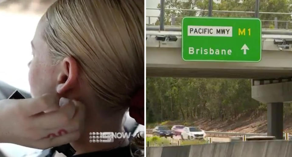 A photo of 19-year-old woman, Lilian Morrow, holding a vape while driving. Another photo of the M1 in Brisbane.