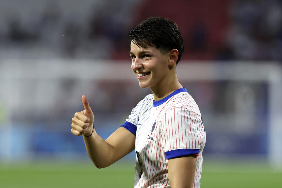 LYON, FRANCE - JULY 31: Elisa de Almeida #5 of Team France celebrates after winning the Women's group A match between New Zealand and France during the Olympic Games Paris 2024 at Stade de Lyon on July 31, 2024 in Lyon, France. (Photo by Claudio Villa/Getty Images)