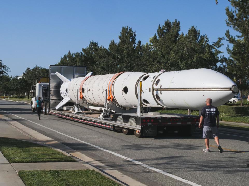 A completed LauncherOne rocket, shown here outside Virgin Orbit's manufacturing facility in Long Beach, California, USA: Virgin Orbit / Greg Robinson