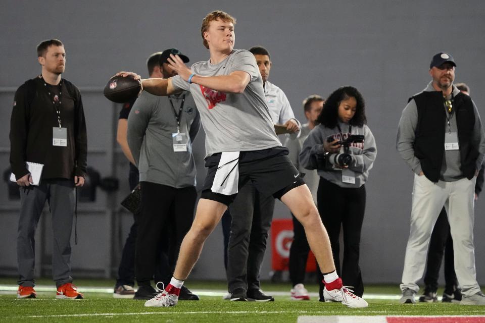 Mar 20, 2024; Columbus, Ohio, USA; Ohio State Buckeyes quarterback Devin Brown throws during Pro Day at the Woody Hayes Athletic Center.