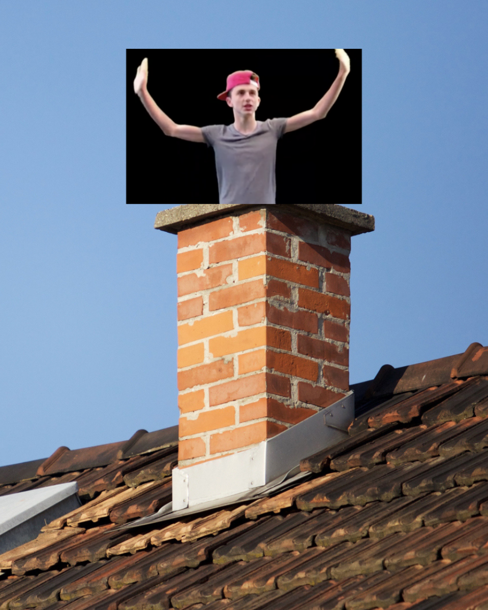 A photo of rapping Lil' TImmy Tim emerging from a chimney