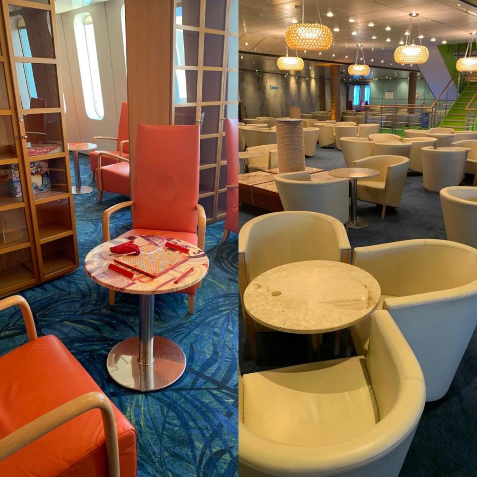 Margaritaville lounge area with orange chairs and blue rug in one image and white rouned chairs and tables on the other