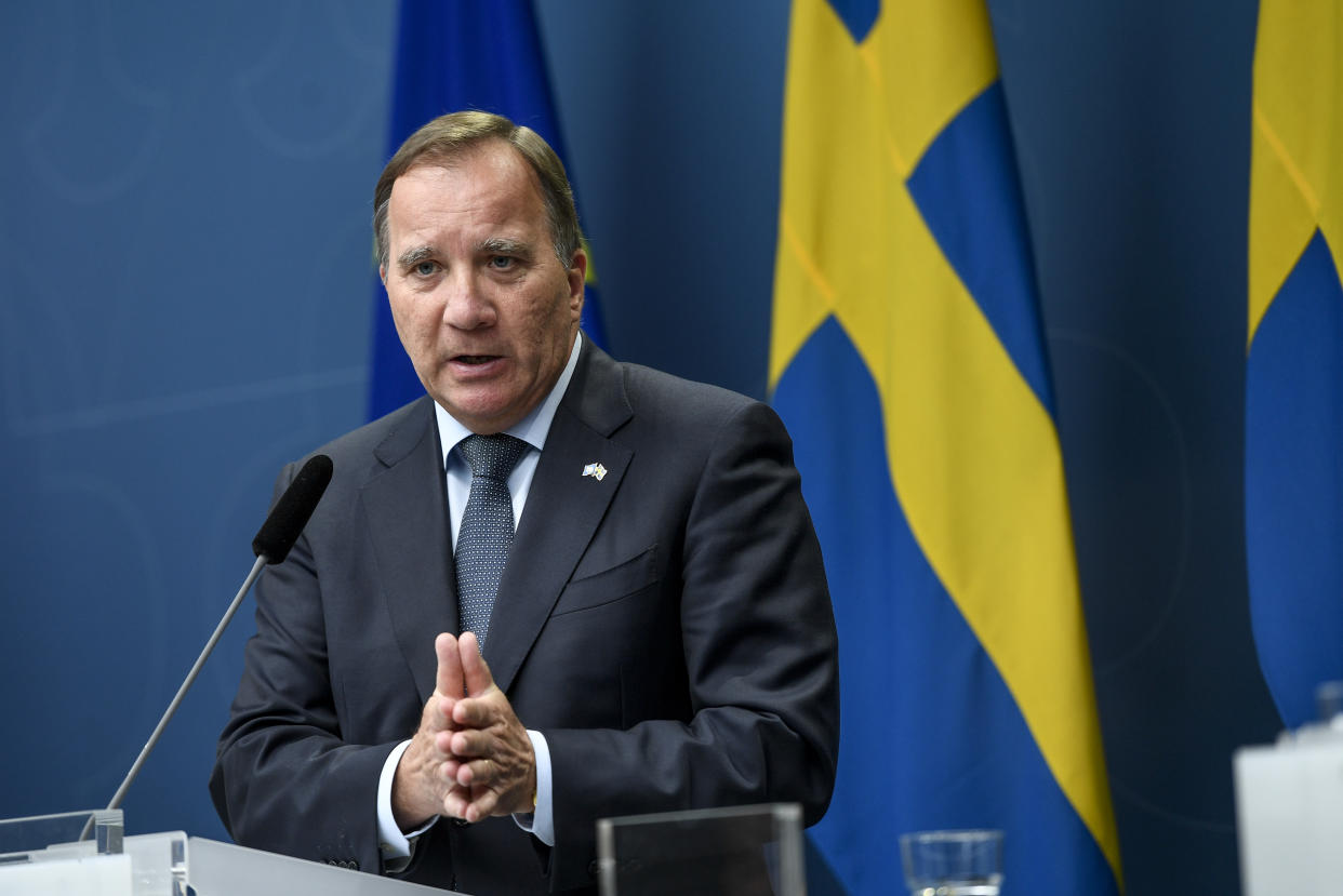 Sweden's Prime Minister Stefan Lofven gives a press conference to present the coronavirus commission launched to evaluate Sweden's coronavirus strategy on June 30, 2020 in Stockholm, Sweden. (Photo by ALI LORESTANI / various sources / AFP) / Sweden OUT (Photo by ALI LORESTANI/TT News Agency/AFP via Getty Images)