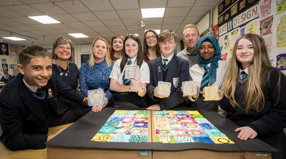 Malone Integrated College Students Farham Kiani, Danielle Godfrey, Jason Kirkpatrick, Haneen Mohamed and Grace Denvir are pictured with Marie O’Donoghue (creative schools partnership programme manager), Patricia Lavery (head of education and outreach, Arts Council of Northern Ireland) , Kerrie Hanna (Artist), Lynsay–Erin Mercer (teacher, Malone Integrated College) and Brian Hyland, local support officer, South Belfast Urban Villages Initiative (Brian Morrison/PA)