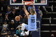 Memphis Grizzlies forward Brandon Clarke (15) dunks in the first half of an NBA basketball game against the Oklahoma City Thunder, Thursday, Dec. 2, 2021, in Memphis, Tenn. (AP Photo/Brandon Dill)