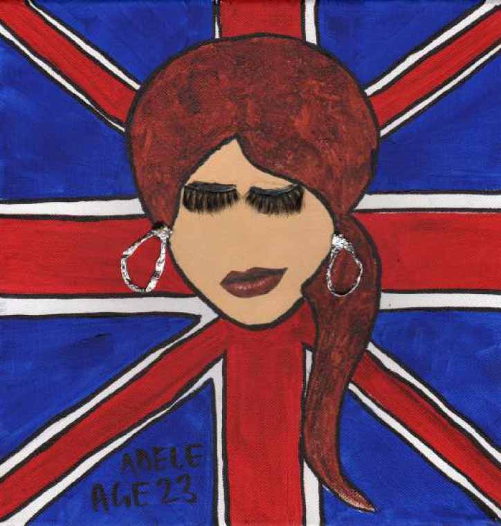 Songstress Adele's artwork has raised £740 on eBay at the time of writing. She used glue to attach false eyelashes and foil earrings to her self-portrait, all set against the backdrop of the Union Flag.